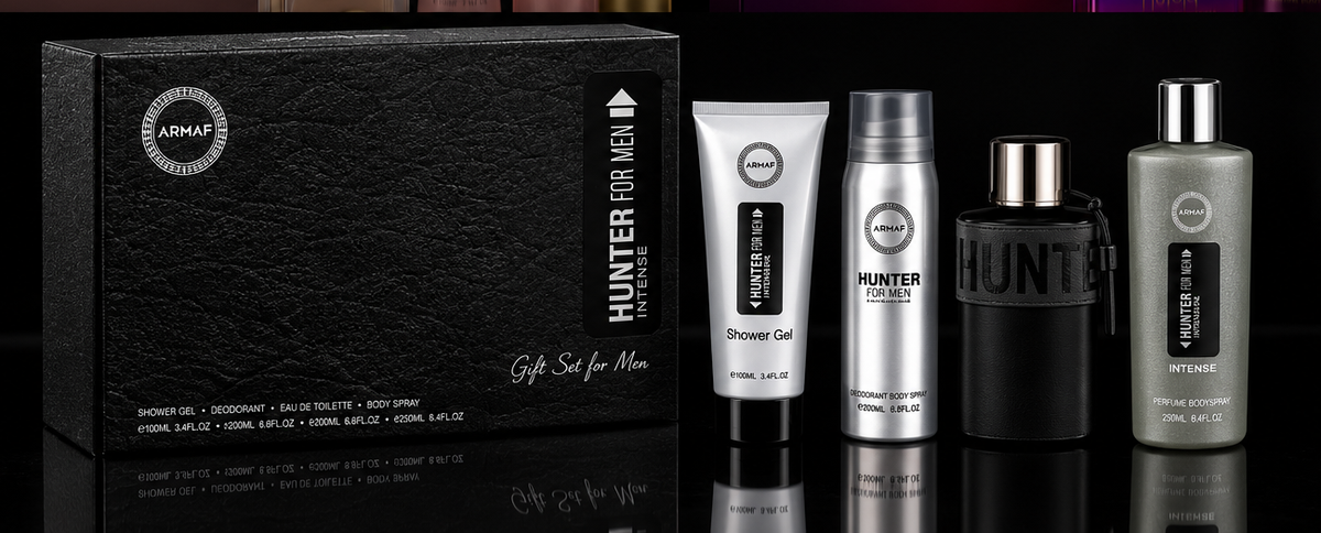 Pack Armaf Hunter For Men Intense sobre fondo negro