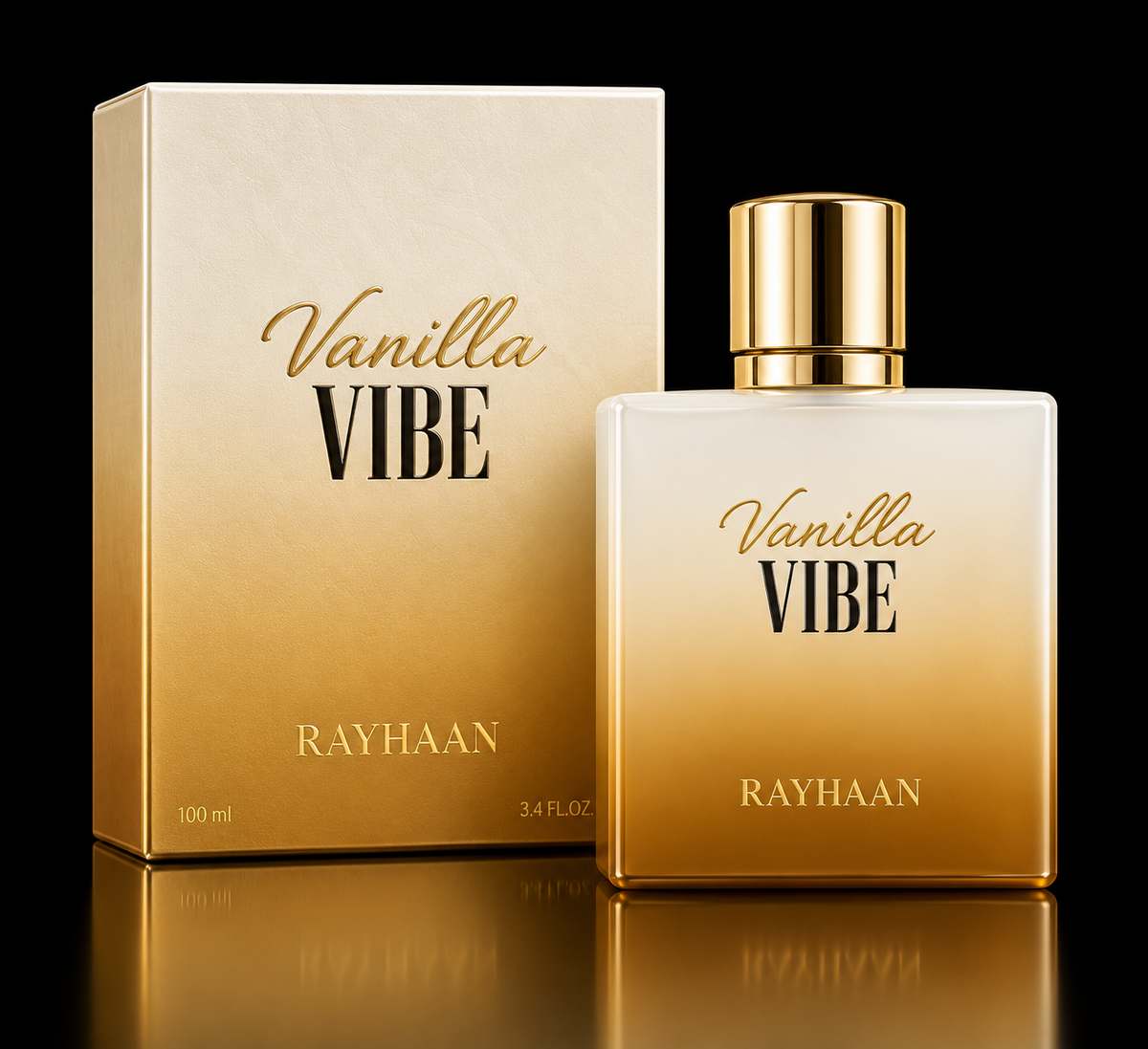 Rayhaan Vanilla Vibe 100 ml sobre fondo negro
