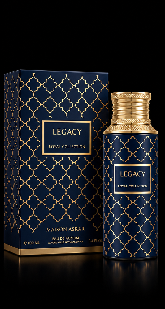 LEGACY Royal Collection Maison Asrar — perfume y caja sobre fondo negro