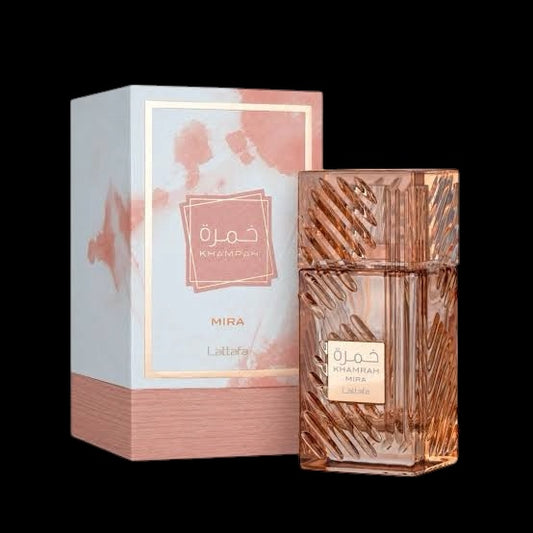 KHAMRAH MIRA LATTAFA — perfume y caja sobre fondo negro