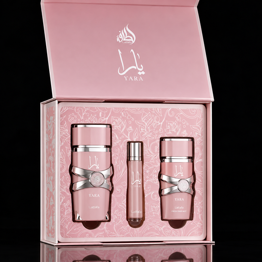 Pack Lattafa Yara rosa con perfume, perfume de viaje y hair mist sobre fondo negro