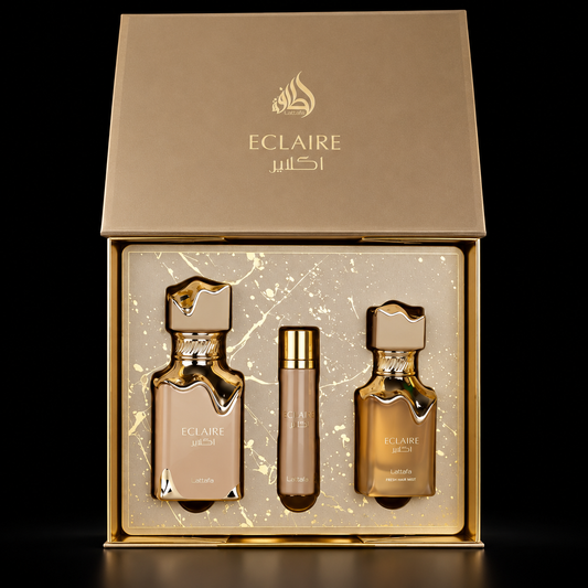 Pack Lattafa Eclaire con perfume, perfume de viaje y hair mist sobre fondo negro