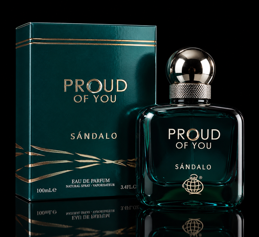 Proud Of You Sandalo Fragrance World 100 ml - fotografía profesional sobre fondo negro