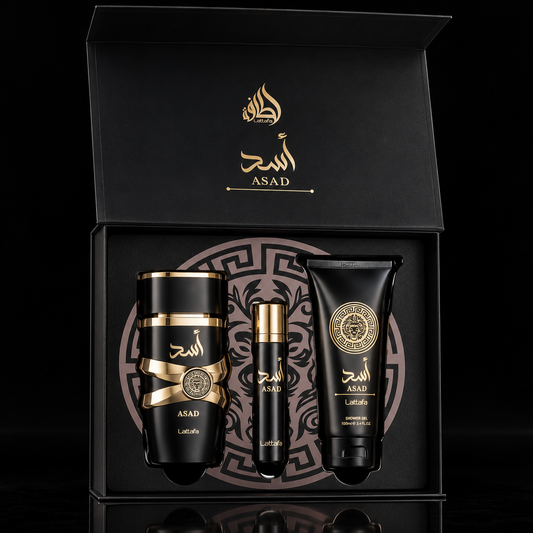 Pack Lattafa Asad con perfume, perfume de viaje y gel de ducha sobre fondo negro