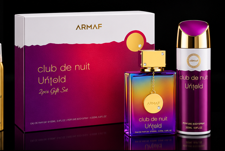 Pack Armaf Club de Nuit Untold 2 piezas sobre fondo negro