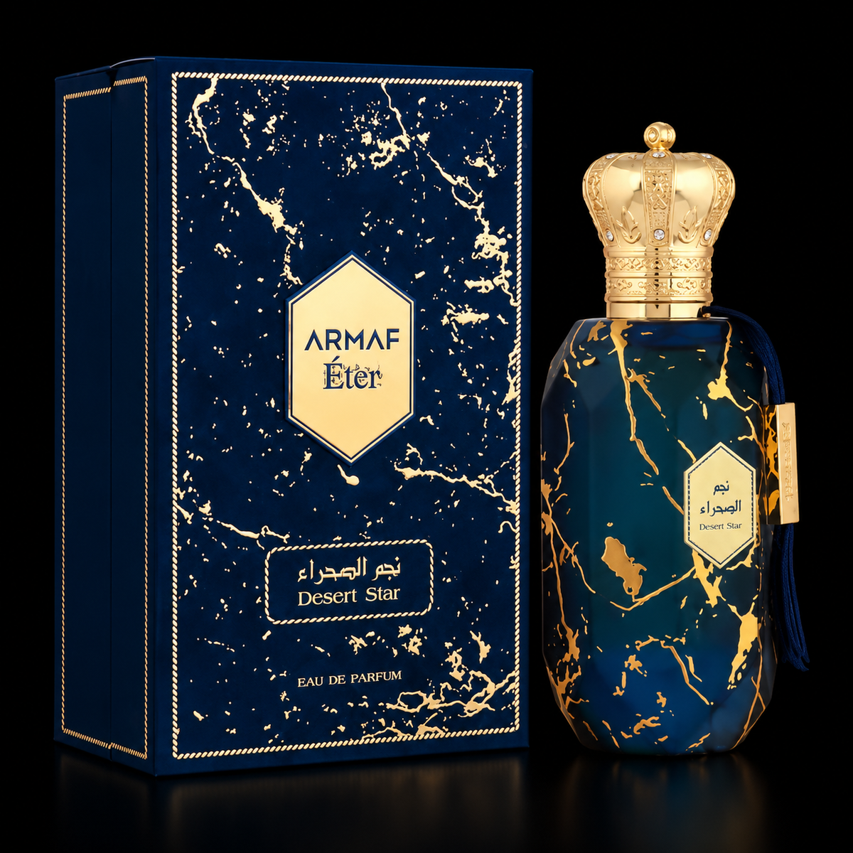Armaf Éter Desert Star Eau de Parfum con fondo negro