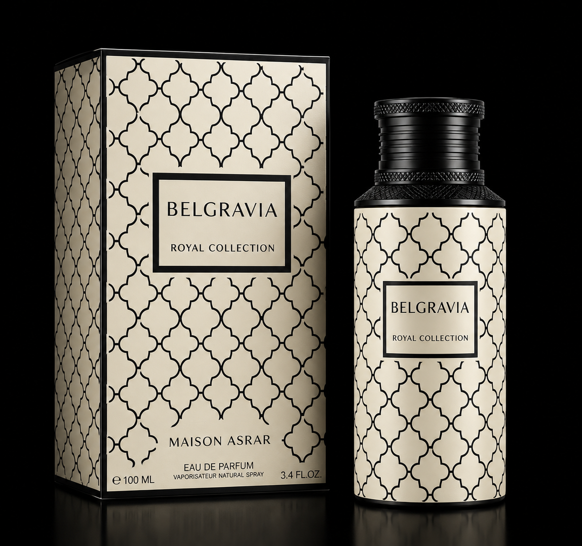 BELGRAVIA Royal Collection Maison Asrar — perfume y caja sobre fondo negro