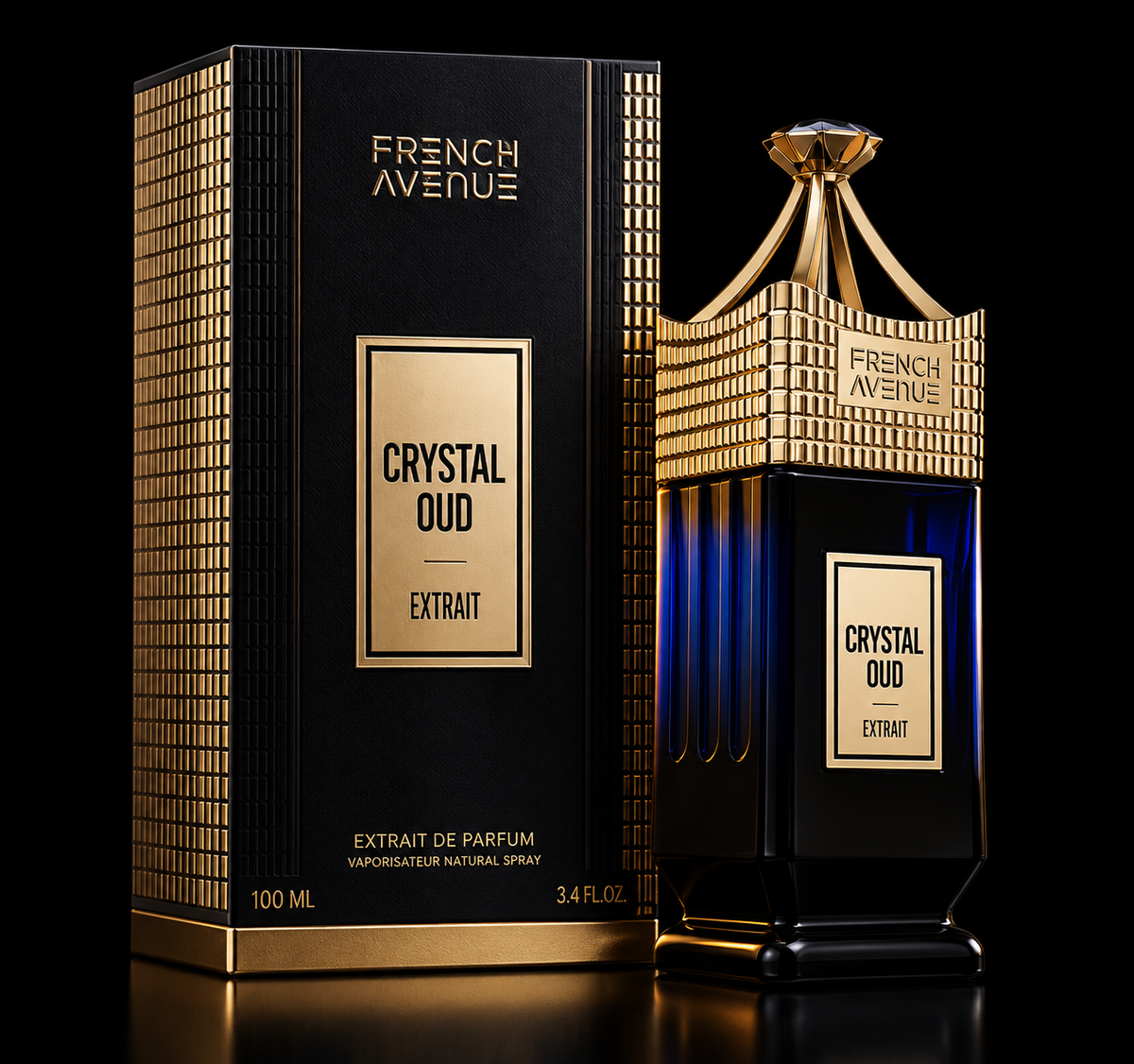 CRYSTAL OUD French Avenue — perfume y caja sobre fondo negro