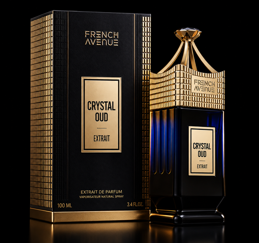 CRYSTAL OUD French Avenue — perfume y caja sobre fondo negro