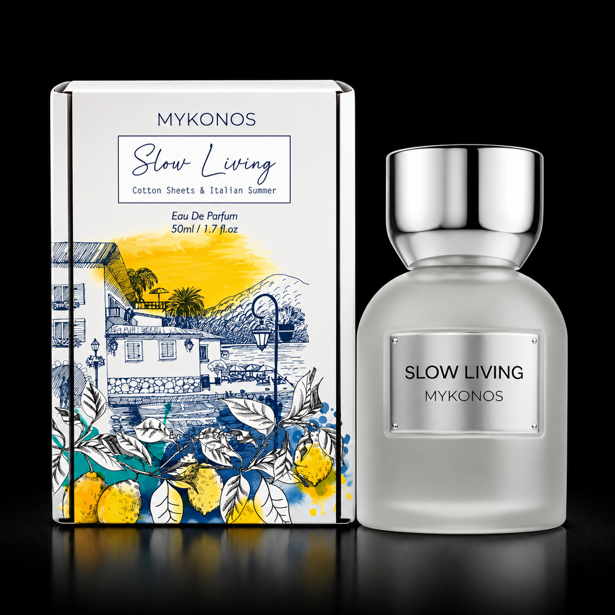 Mykonos Slow Living con fondo negro