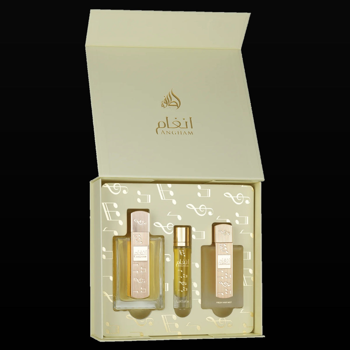 Pack Lattafa Angham sobre fondo negro