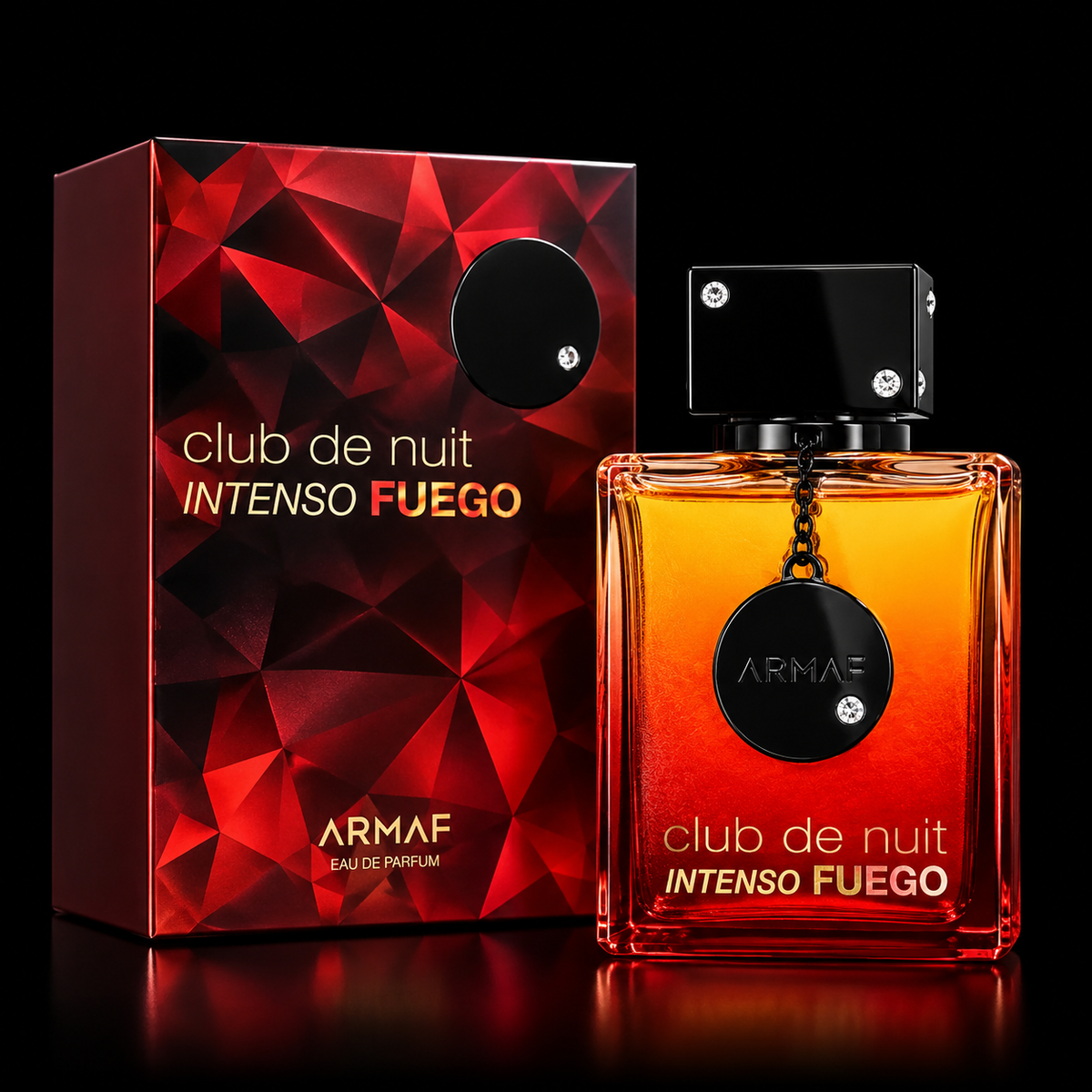 CLUB DE NUIT INTENSO FUEGO ARMAF — perfume y caja sobre fondo negro