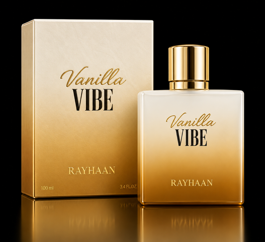 Rayhaan Vanilla Vibe 100 ml sobre fondo negro